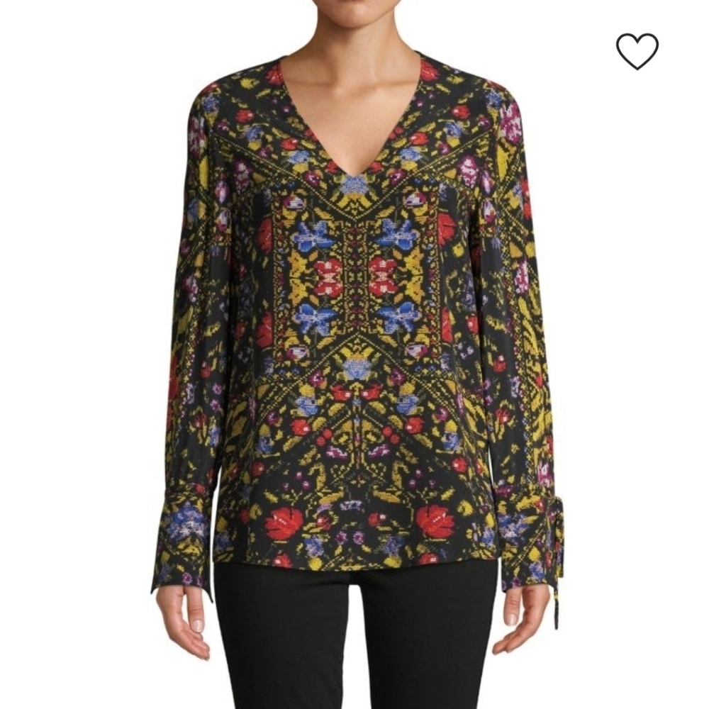 Kobi Halperin Liana Silk Print Blouse XXL Black Moody Floral V-neck Tie Sleeves